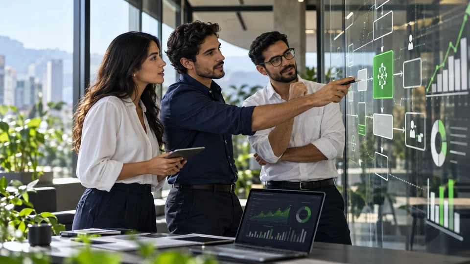 Equipo colaborando con procesos conectados y análisis de datos para tomar decisiones comerciales.